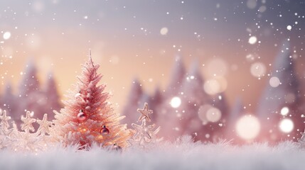 Fototapeta na wymiar a christmas tree in a snowy landscape with snow flakes. generative ai
