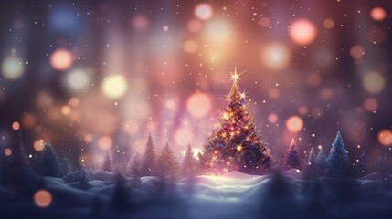  a christmas tree in the middle of a snowy landscape with lights.  generative ai