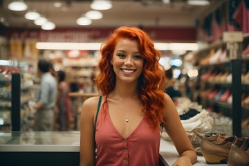 photo of a beautiful short redhead female cashier smiling at a shelf in a shoe store. Generative AI.