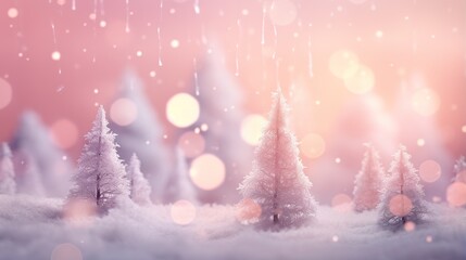 Obraz na płótnie Canvas a snowy scene with trees and snow flakes on a pink background. generative ai