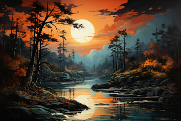 an oil painting of the sunset over water in the s, generative ai