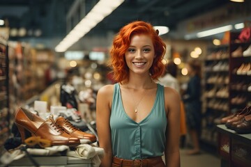 Fototapeta na wymiar photo of a beautiful short redhead female cashier smiling at a shelf in a shoe store. Generative AI.