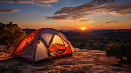 One person and Tourist tent in the mountains at sunset, generative ai