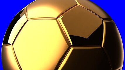 Gold soccer ball on blue chroma key background.
3d illustration.
