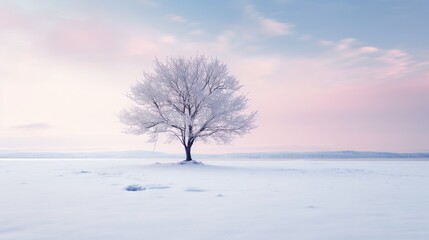  a lone tree stands alone in a snowy field with a pink sky in the background.  generative ai