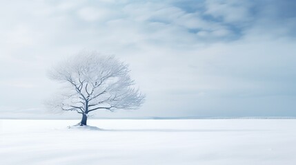  a lone tree stands alone in a snow covered field under a cloudy sky.  generative ai
