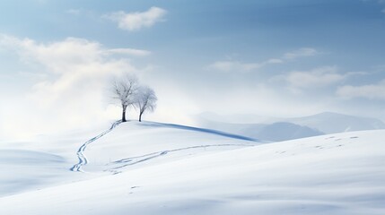  a lone tree on a snowy hill with mountains in the background.  generative ai