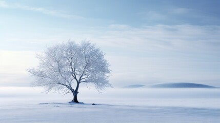 Fototapeta na wymiar a lone tree in a snowy field with a sky background. generative ai