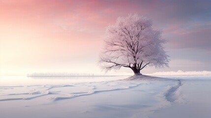  a lone tree in the middle of a snowy field with a pink sky in the background.  generative ai