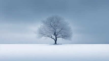  a lone tree stands alone in a snowy field with a gray sky in the background.  generative ai