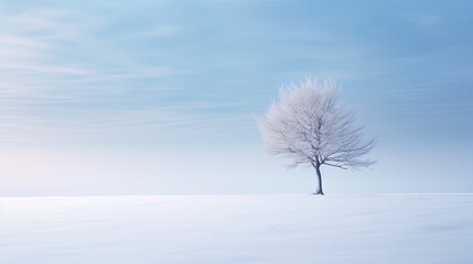  a lone tree stands alone in a snowy field with a blue sky in the background.  generative ai