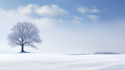  a lone tree stands alone in a snowy landscape with a blue sky.  generative ai