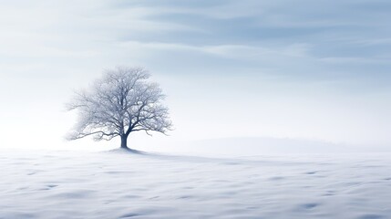  a lone tree stands alone in a snowy landscape with a blue sky.  generative ai