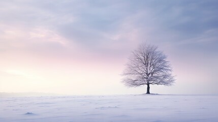 Fototapeta na wymiar a lone tree stands alone in a snowy field at sunset. generative ai