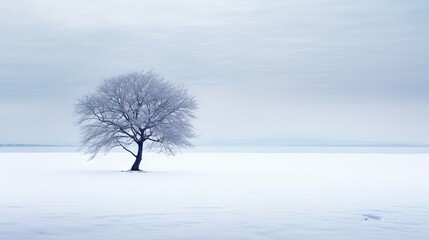  a lone tree stands alone in a snowy landscape with a distant horizon.  generative ai
