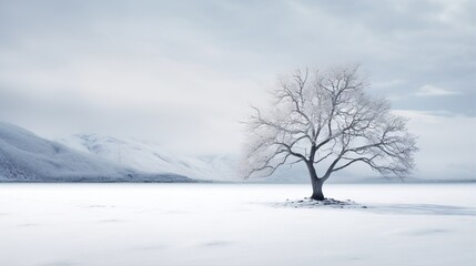  a lone tree in a snowy landscape with mountains in the background.  generative ai
