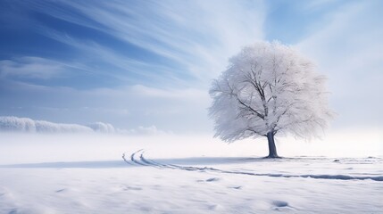 Fototapeta na wymiar a lone tree stands in the middle of a snowy landscape. generative ai