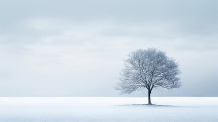  a lone tree stands alone in a snowy field with a gray sky in the background.  generative ai