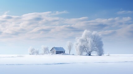  a house in the middle of a snowy field with trees in the foreground.  generative ai