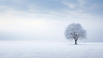  a lone tree stands alone in a snowy field with a sky background.  generative ai