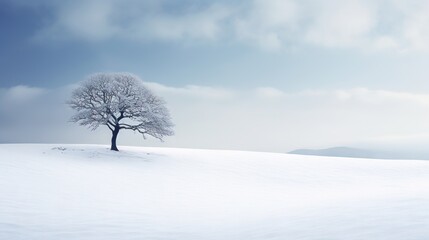  a lone tree stands alone in a snowy field with mountains in the background.  generative ai