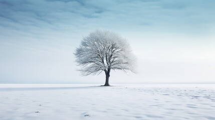  a lone tree stands alone in a snowy field with footprints in the snow.  generative ai