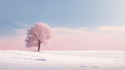  a lone tree in the middle of a snow covered field.  generative ai