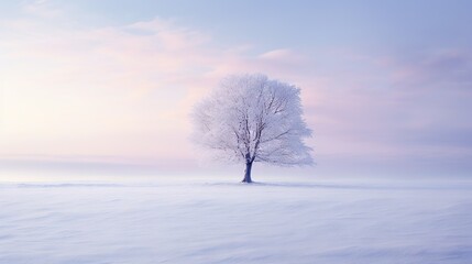 a lone tree stands alone in a snowy field at sunset.  generative ai