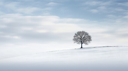  a lone tree on a snowy hill with a sky background.  generative ai