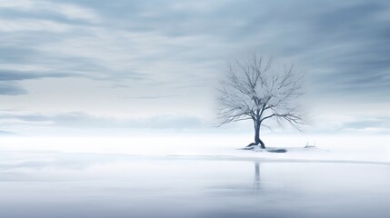 Fototapeta na wymiar a lone tree stands alone in the middle of a frozen lake. generative ai