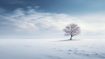 Fototapeta na wymiar a lone tree stands alone in a snowy field under a cloudy sky. generative ai