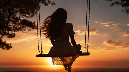 The silhouette of a woman on a swing outdoors during sunset, back view