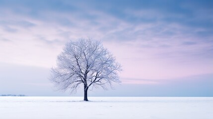  a lone tree stands alone in a snowy field at dusk.  generative ai