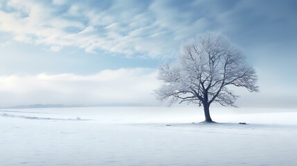 Fototapeta na wymiar a lone tree stands alone in a snowy landscape with a blue sky. generative ai