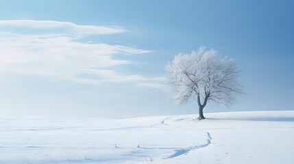  a lone tree stands alone in a snowy landscape with a blue sky.  generative ai