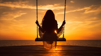 The silhouette of a woman on a swing outdoors during sunset, back view