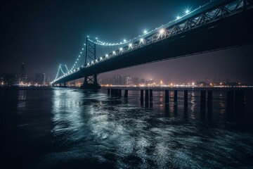 Fototapeta na wymiar Nighttime bridge over water with city lights and rain during long exposure. Generative AI