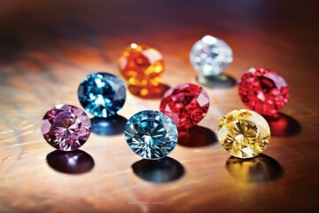 An assortment of colorful diamonds positioned stylishly on a table exuding vibrancy. Generative AI