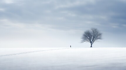 Fototapeta na wymiar a lone tree stands in the middle of a snowy field. generative ai