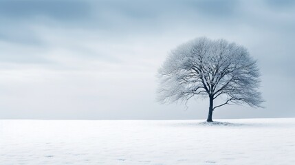  a lone tree stands alone in a snowy field on a cloudy day.  generative ai