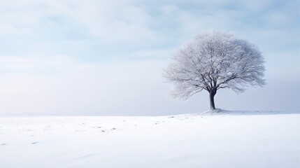 Fototapeta na wymiar a lone tree stands alone in a snowy field with footprints on the ground. generative ai
