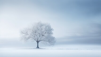  a lone tree stands alone in a snowy field with a blue sky in the background.  generative ai
