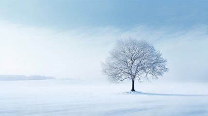 Fototapeta na wymiar a lone tree stands alone in a snowy field with a blue sky. generative ai