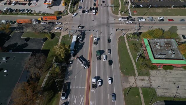 Drone View of road accident with overturned truck blocking traffic. Naperville. IL. USA , November 15, 2022.