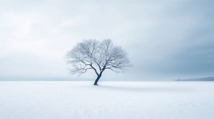  a lone tree stands alone in a snowy field with a distant mountain in the distance.  generative ai