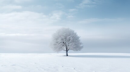 Fototapeta na wymiar a lone tree stands alone in a snowy field under a blue sky. generative ai