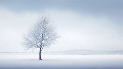 Fototapeta na wymiar a lone tree stands alone in a snowy field with a foggy sky. generative ai