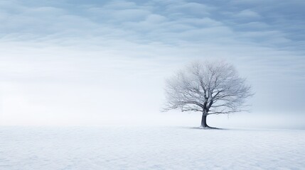  a lone tree stands alone in a snowy field with a blue sky.  generative ai