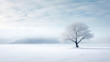  a lone tree in a snowy field with a mountain in the background.  generative ai