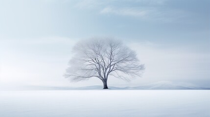 Fototapeta na wymiar a lone tree stands alone in a snowy field with mountains in the background. generative ai